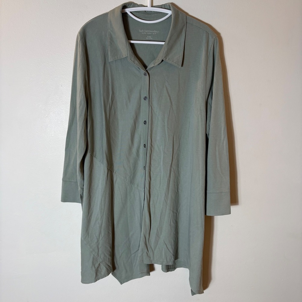 Soft Surroundings Green Button Down Tunic Asymmetrical Hem Size XL